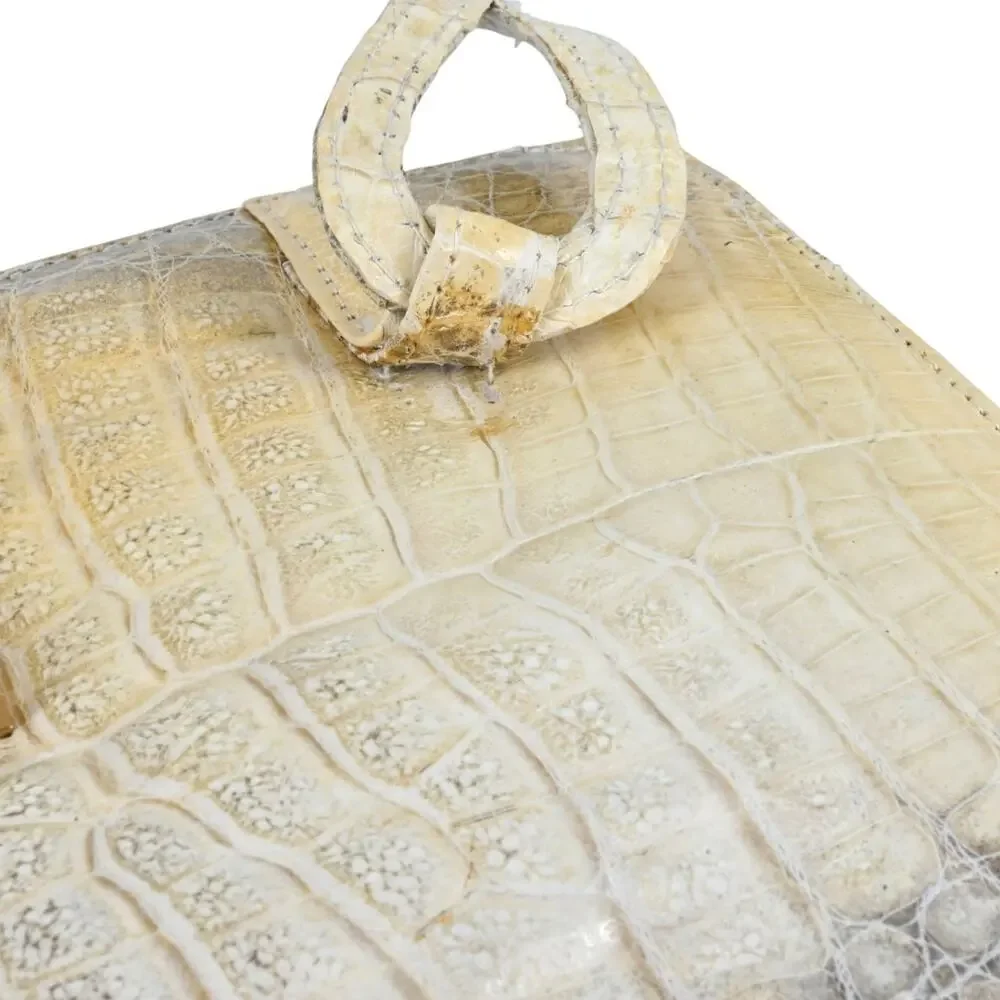 Beige Croc Leather Top Handle Bag